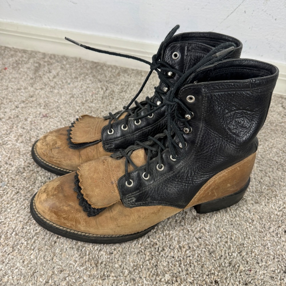Ariat 11029 Womens Black Tan Leather Lace Up Kiltie Western Boots Size 7.5 B